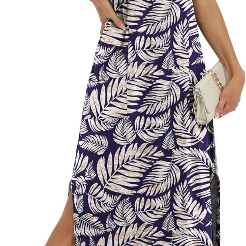 Beach Dress Women Maxi Casual Sundress with Pockets Cap Sleeves XS-2XL